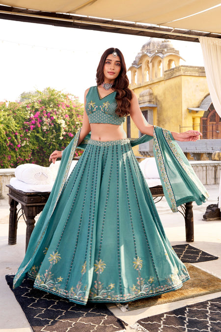 Lorenvalley Fashion Skyblue Crush Silk Sequins and Thread Embroidery Work Lehenga Choli with Dupatta