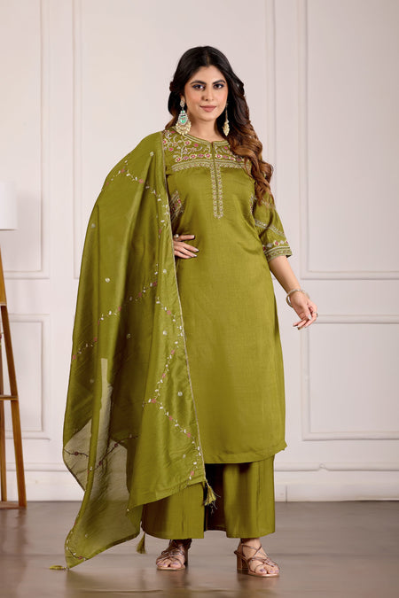 Lorenvalley Fashion Mehendi Viscose Mango Silk Multi Embroidery Thread with Hand Work Kurta Palazzo Dupatta