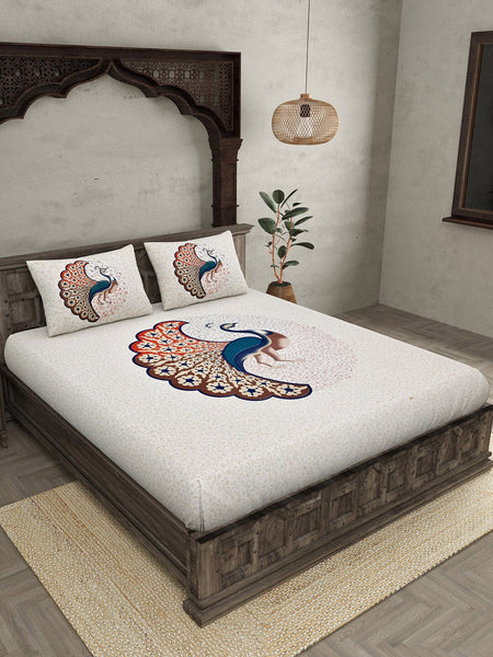 JAIPUR FABRIC Off White & Red Printed 240 TC Cotton King Bedsheet with 2 Pillow Covers