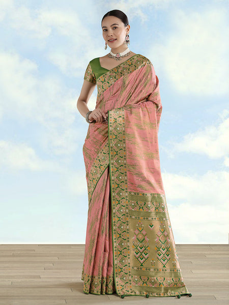 Monjolika Fashion Light Pink Color Banarasi Tissue Silk Paithani Woven Saree