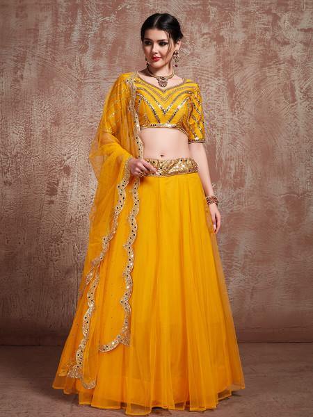 Myra Musturd Soft Net Heavy Embroidered Lehenga