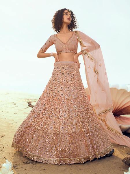 Myra Peach Embroidered Net Lehenga