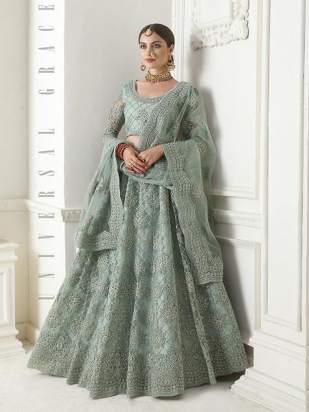 Myra Aqua Blue Heavy Embroidered Net Lehenga