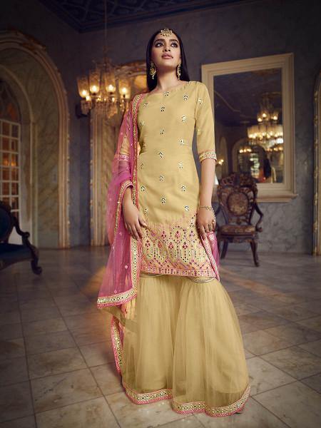 Myra Beige Heavy Embroidered Gharara Suit