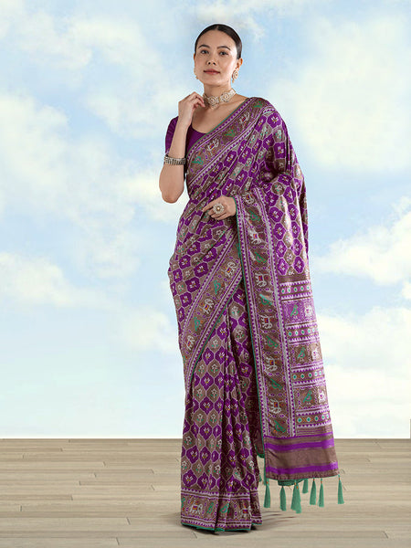 Monjolika Fashion Purple Satin Silk Saree With Patola Work And Elephant Motifs