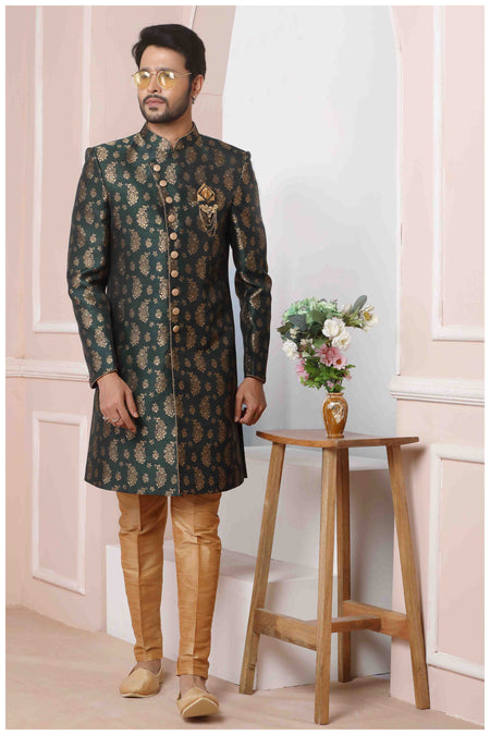 Raivat Ethnic Jacquard Silk Thread Work Indo Western In Green Colour