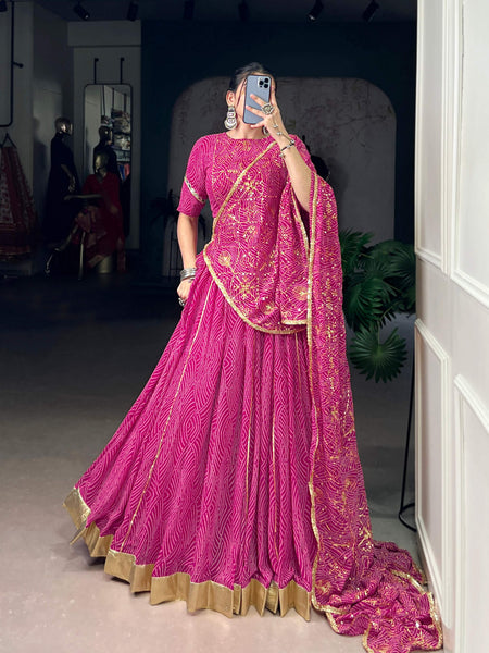 Lorenvalley Fashion Pink Georgette Bandhej Print and Embossed Design Lace with Gota Patti Touch Up Lehenga Choli with Dupatta