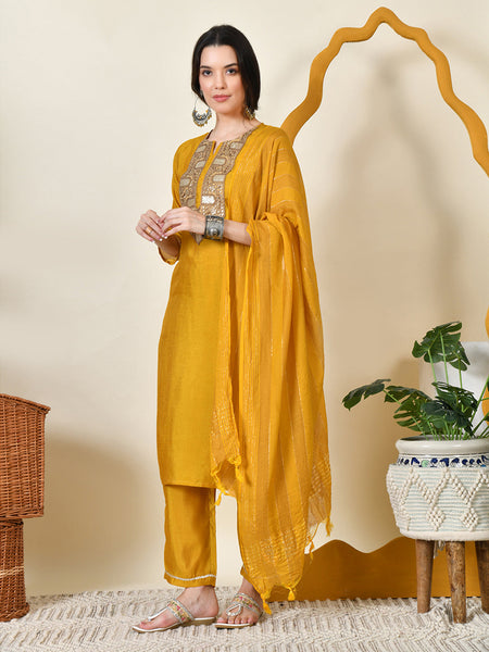 Myshka Women's Embroidered Keyhole Neck Bell Sleeves Kurta & Palazzos With Dupatta Sets in Yellow Colour