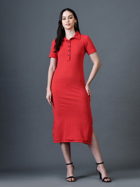 Myshka Women Red Polyester A-Line Shirt Collar Solid Knee Length Short Sleeves Dresses