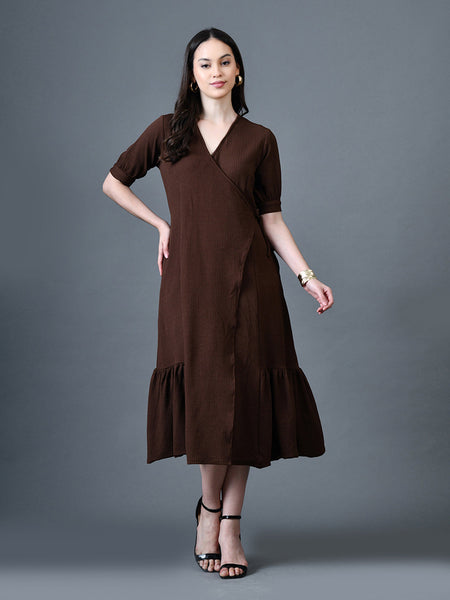 Myshka Women Brown Polyester A-Line V-Neck Solid Knee Length Short Sleeves Dresses