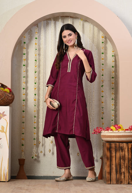 Myshka Wine Silk Blend Straight Round Neck Three-Quarter Sleeves Kurta Trousers Set