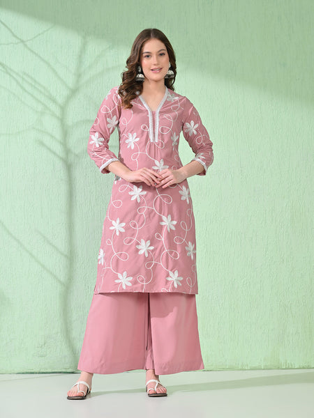 Myshka Women's Embroidered Calf Length Pink Kurta With Palazzo