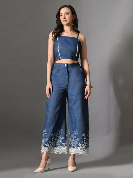 Myshka Women Blue Embellished Crop Top and Laced Trouser Co-ord Set