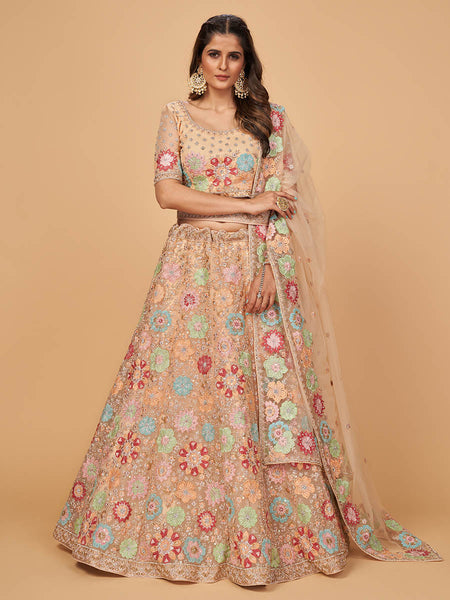 Myra Peach Soft Net Heavy Embroidered Designer Lehenga