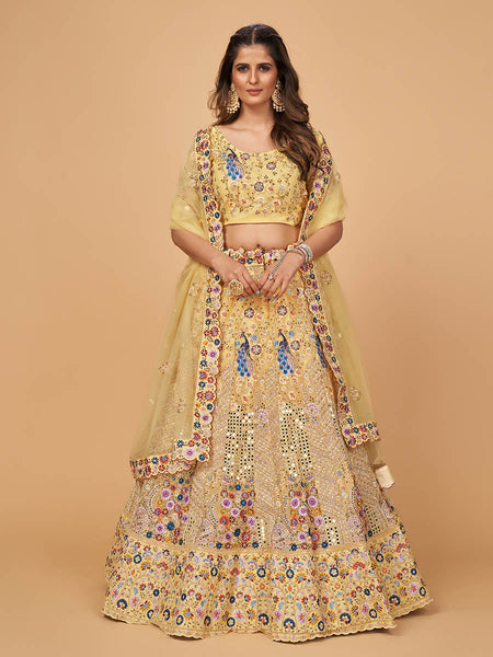 Myra Yellow Soft Net Heavy Embroidered Designer Lehenga