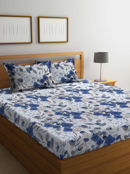 BOMBAY DYEING Blue & White Floral Cotton 144 TC King Bedsheet With 2 Pillow Covers