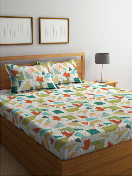 BOMBAY DYEING Serenita Yellow Geometric Cotton 144 TC King Bedsheet & 2 Pillow Covers