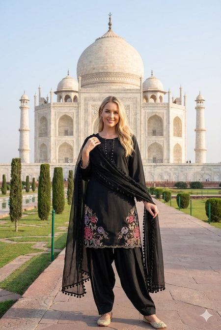 Anaita Black Crepe Stitched Suit With Sequence Embroidery Work