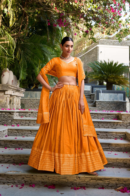 Evanik Women Pure Chanderi Plain With Zari Weaving Work Border Stitched Lehenga With Unstitched Blouse Dupatta