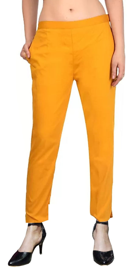 PAVONINE Mustard Color Stretchable Cotton Lycra Fabric Pencil Pant For Women