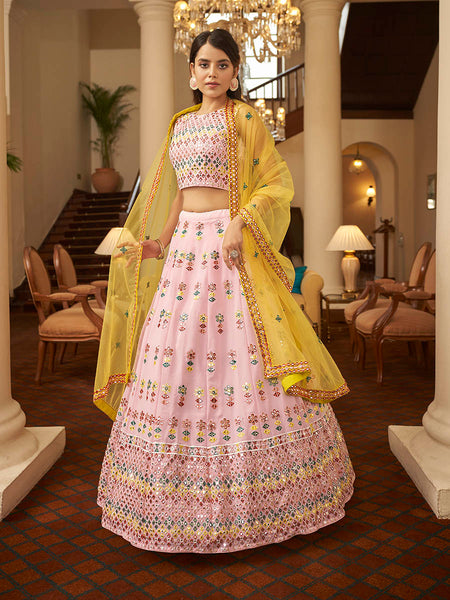 Myra Pink and Yellow Georgette Embroidered Designer Lehenga