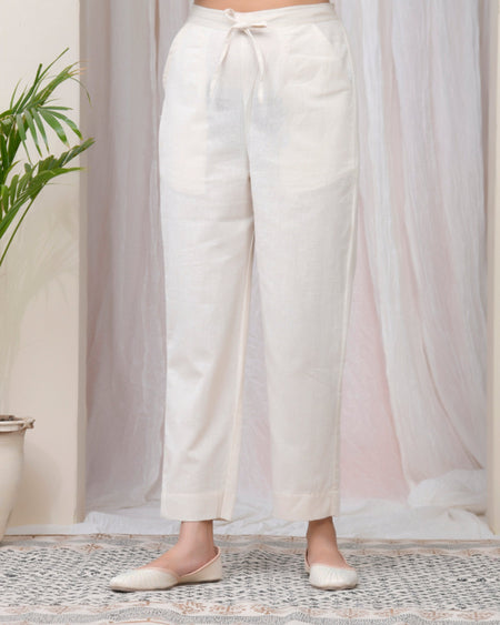 Vaasva Women Natural Cotton Flax Solid Straight Pants