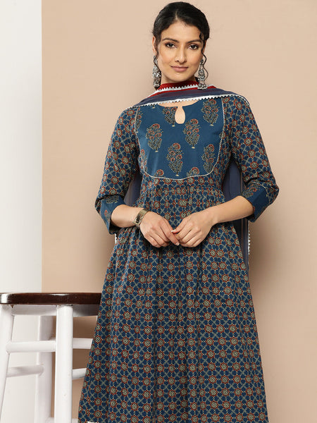KSUT (House of Varanga) Blue And Rust Yoke Style Anarkali Paired With Printed Palazzo And Ombre Dupatta