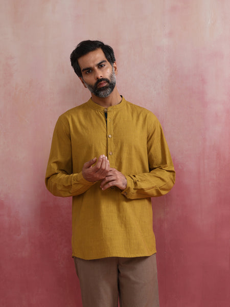 trueBrowns Men's Mustard Cotton Mandarin Collar Stylized Kurta
