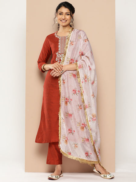 KSUT (House of Varanga) Embroidered Kurta Paired With Pant And Printed Dupatta With Zari Fringes