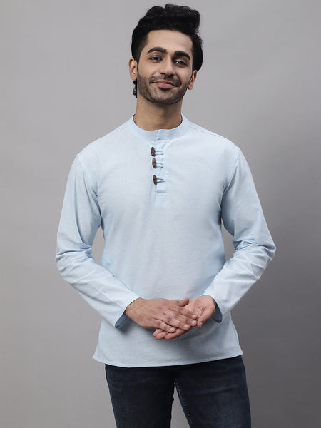 Even Apparels Blue Pure Cotton Kurta With Band Collar