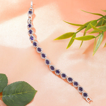 Estele Rhodium Plated CZ Drop Designer Charm Bracelet with Blue American Diamonds for Women