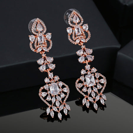 Estele Rose Gold-Polished CZ Magnificent Drop & Dangle Earrings with White Crystals for Women