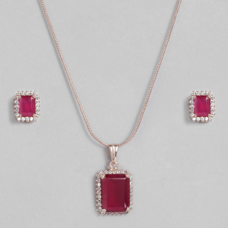 Estele Rose Gold-Polished Stylish Square Pattern Pendant Set with Ruby American Diamonds for Girls & Women