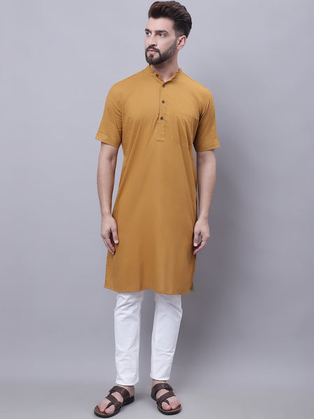 Even Apparels Mustard Pure Cotton Short Sleeves Kurta With Band Collar