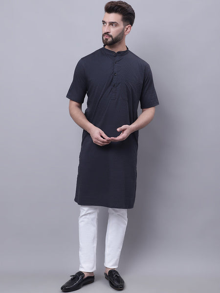 Even Apparels Black Pure Cotton Short Sleeves Kurta With Band Collar