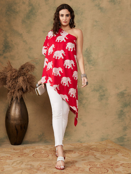 InWeave Women's Red Elephant Print Oneshoulder Top