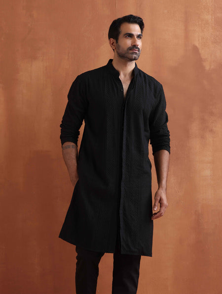 trueBrowns Men's Black Textured Cotton Dobby Front Open Kurta