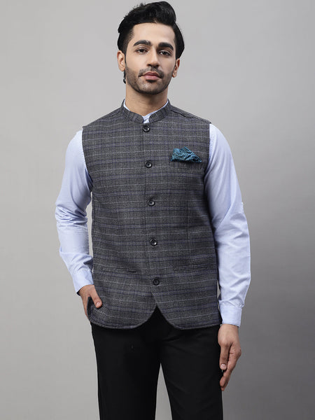 Even Apparels Men's Grey Nehru Jacket With Welt Pockets