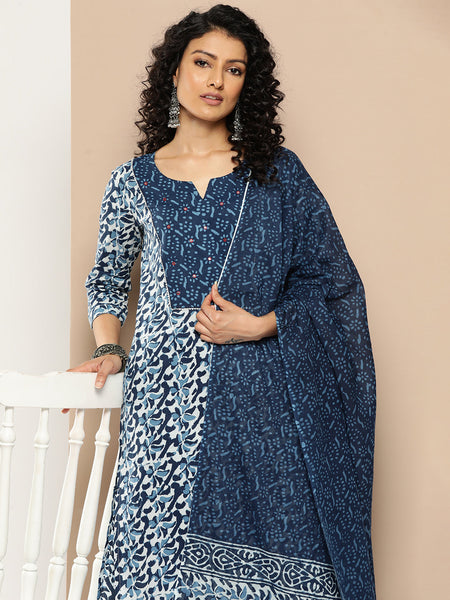 KSUT (House of Varanga) Blue And White Cotton Printed Yoke Design Kurta Paired With Printed Dupatta And Trouser