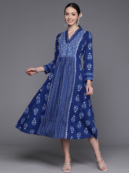 Ahalyaa Floral Print Midi Pure Cotton Ethnic Dress with Lace Inserts Detail