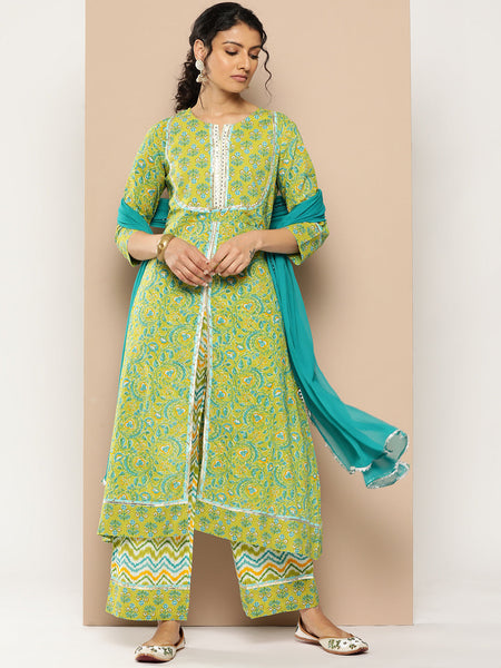 KSUT (House of Varanga) Green Floral Printed A-Line Kurta Paired With Printed Palazzo And Chiffon Dupatta