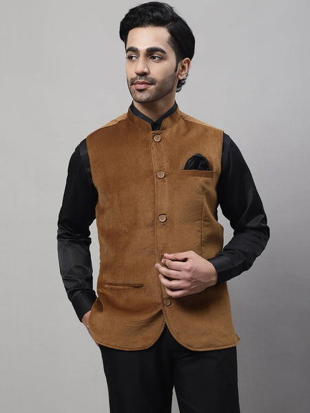 Even Apparels Men's Brown Nehru Jacket With Welt Pockets