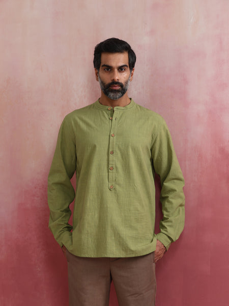 trueBrowns Men's Pista Green Cotton Mandarin Collar Stylized Kurta