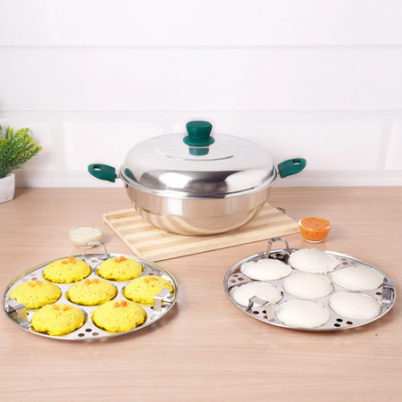 The Indus Valley 14 Pit Tri-Steel Multi Pot Premium Stainless Steel Idli/ Momo Maker/ Veg Steaming Set, Tri-ply Induction Bottom, 2 Plates, 27cm