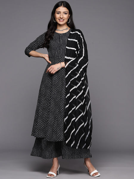 KSUT (House of Varanga) Black And White Cotton Printed Anarkali Kurta Paired With Palazzo And Chiffon Dupatta