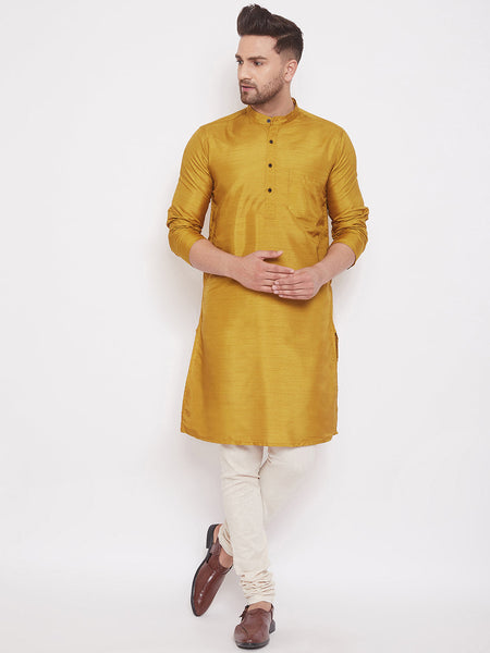Even Apparels Mustard Yellow Pure Cotton Kurta With Band Collar