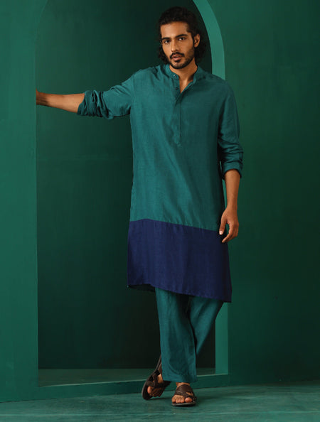 trueBrowns Men's Blue Color Block Silk Long Kurta