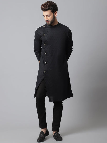 Even Apparels Black Pure Cotton Kurta With Band Collar