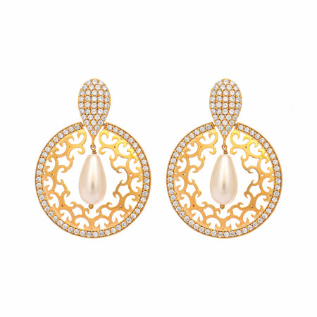 Nuyug 22K Gold Plated Cubic Zirconia Studded Contemporary Moon Shaped Pearl Drop Chandbalis