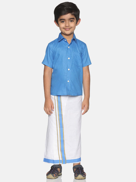 Sethukrishna Boys Blue & White Solid Shirt and Veshti Set